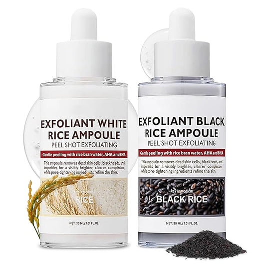 2PCS Rice Exfoliating Ampoule Set – Black & White Rice Brightening Duo for Glowing Skin | Gentle Peel + Pore Minimizing & Deep Hydration