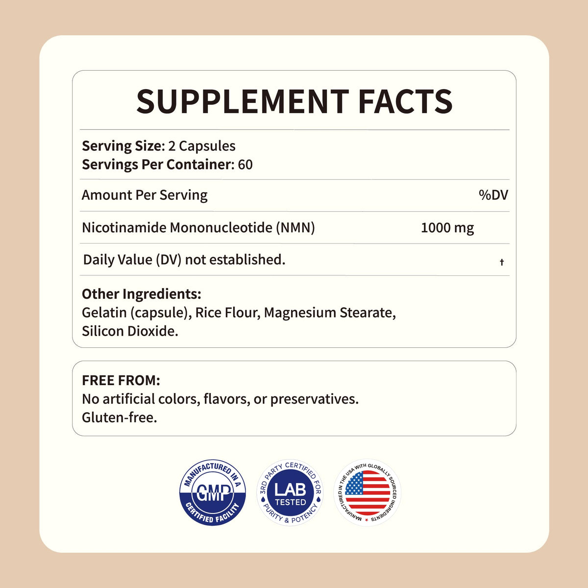 NMN Supplement 500mg Per Capsule, 120 Capsules, Non-GMO, Enhanced Absorption, Supports Daily Energy Metabolism & Skin Radiance, per Bottle is 60,000mg
