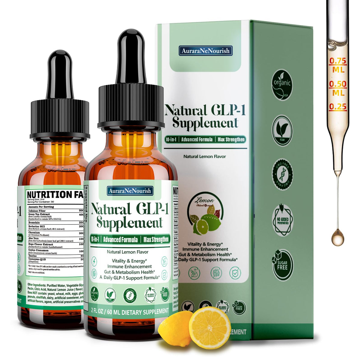 2 Pack GLP-1, GLP-1 Oral Solution Support with Berberine Ceylon Cinnamon Green Tea Chromium & Cellulose Fiber for Hunger & Metabolism, Gut Digestive Wellness, Natural GLP1 Daily Liquid Drops