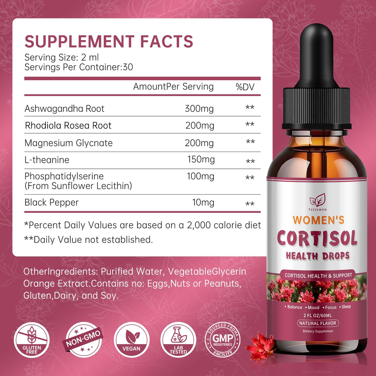 （2 Pack）Cortisol Manager Liquid Drops, Cortisol Supplements for Women, with magnesium ashwagandha, rhodiola rosea,l-theanine,Phosphatidylserine-Promote Relaxation and Support Mood- 30 Day Vegan Supply