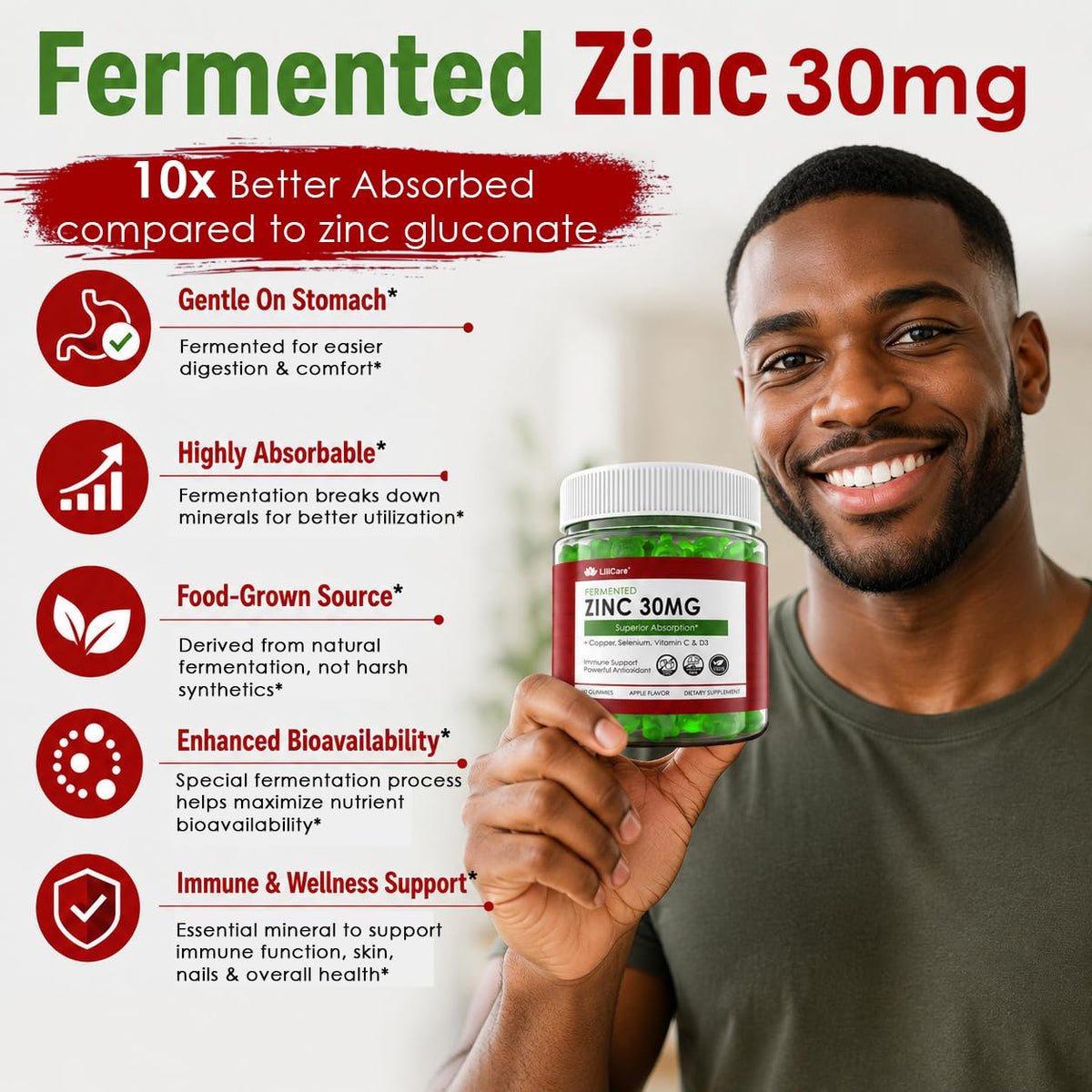 Zinc Gummies + Copper, Selenium, Vitamin C & D3, Fermented Zinc Supplements for Women & Men with Elderberry for Daily Immune Support, Powerful Antioxidant, Superior Absorption, Vegan, No Sugar, 60 Cts