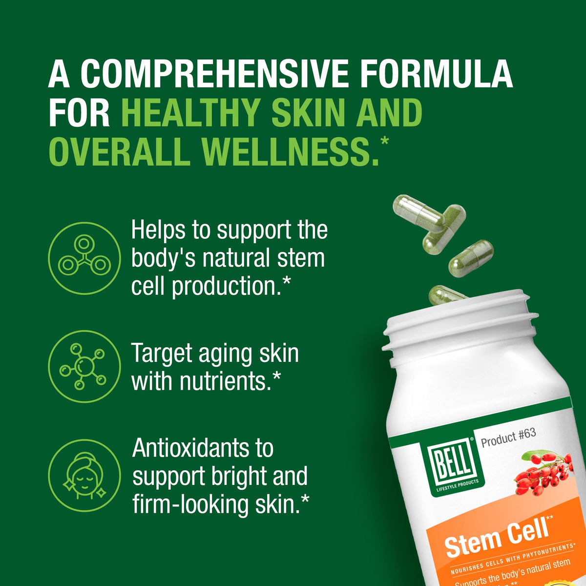 Bell Stem Cell Supplements - Supports Your Body's Natural Ability to Replace Worn Out Cells and Rejuvenate Tissue | Celulas Madres | 60 Capsules