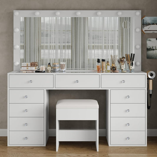 11 Drawers Makeup Vanity with Charging Station, Vanity Desk with 13 LED Bulbs and HD Mirror, 3 Color Brightness Adjustable, Glass Top Vanity Set for Bedroom, White
