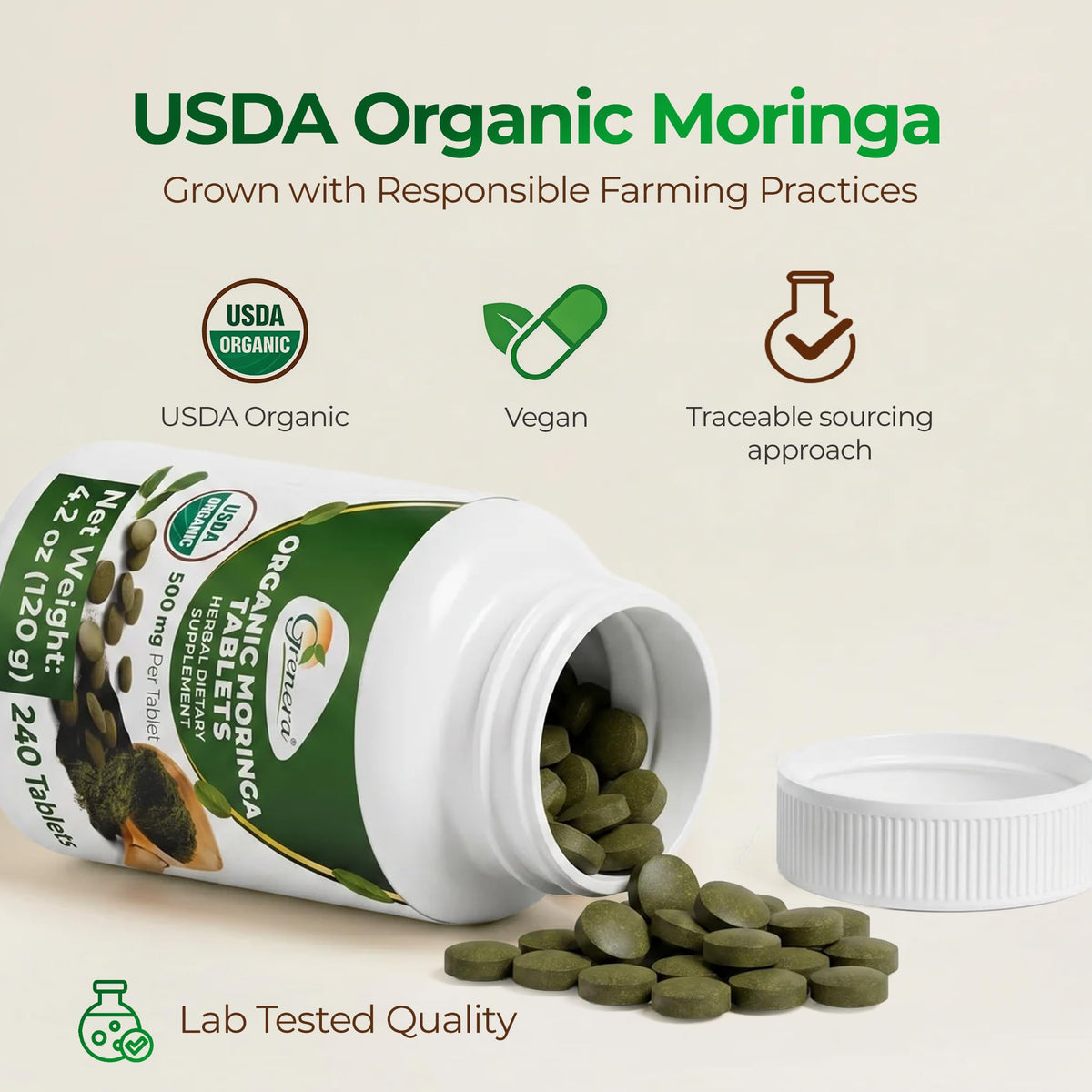 Grenera Organic Moringa Leaf Tablets 500 mg – 240 Count