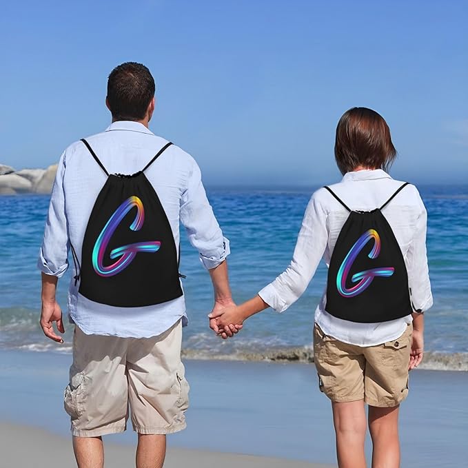Drawstring Bags Initial Drawstring Backpack Sackpack Black Draw String Cinch Bags for Sports, Gym, Travel, Swimming, Beach, Camping, Rainbow Letter G
