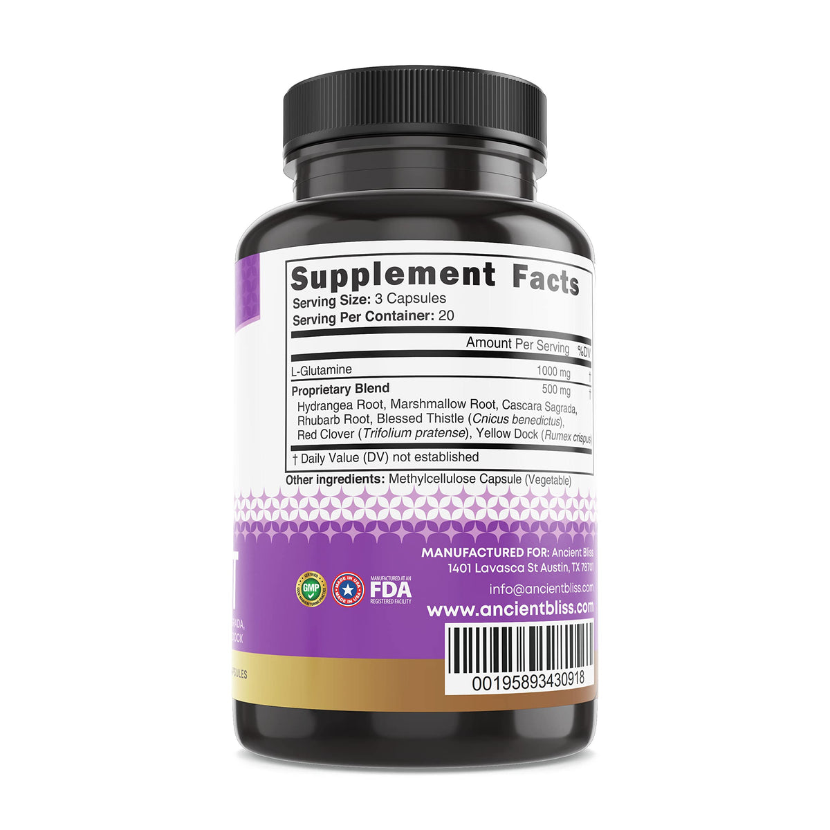 Ancient Bliss Leaky Gut Supplement, L Glutamine Capsules for Gut Support with Blessed Thistle and Hydrangea Root, Vegan and Non-GMO, 60 Capsules