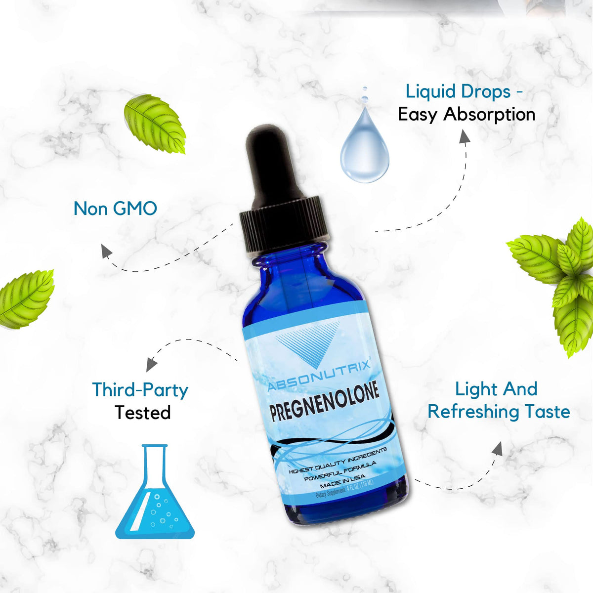 Absonutrix Pregnenolone Supplement 100mg, 4 Oz Liquid, 200 Servings, Made in USA, Quick Absorption, Quality Potent Ingredients, Third-Party Tested, Non-GMO, GMP Certified, Cruelty-Free Products