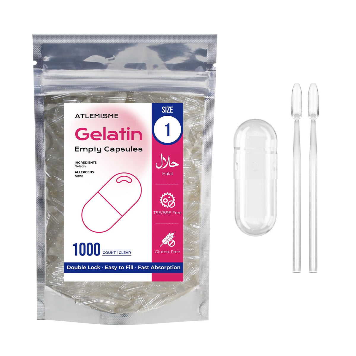 ATLEMISME Empty Gelatin Capsules Size 1 (1000 Count) – Gel Caps for DIY Filling with 2 Micro Lab Spoons