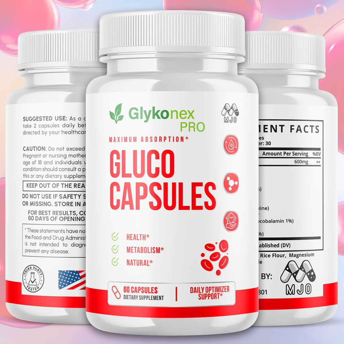 (5 Pack) Gluco Capsules, Official Glykonex Pro Gluco Pills with All Natural Ingredients, Maximum Strength Glykonix Supplement Vitamins Supporting Optimal Wellness and Health Naturally (300 Capsules)