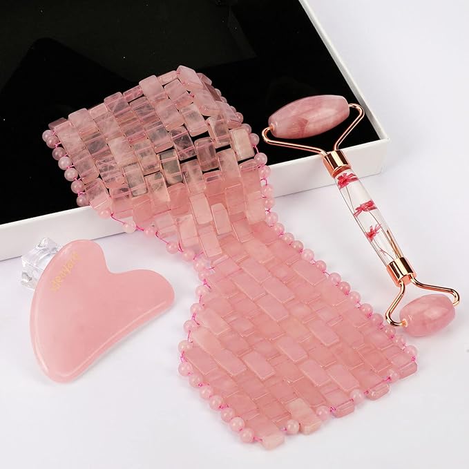 ideayard Rose Quartz Eye Mask & Face Roller and Gua Sha 3-in-1, Real Natural AAA Rose Quartz for Skin Care SPA Facial