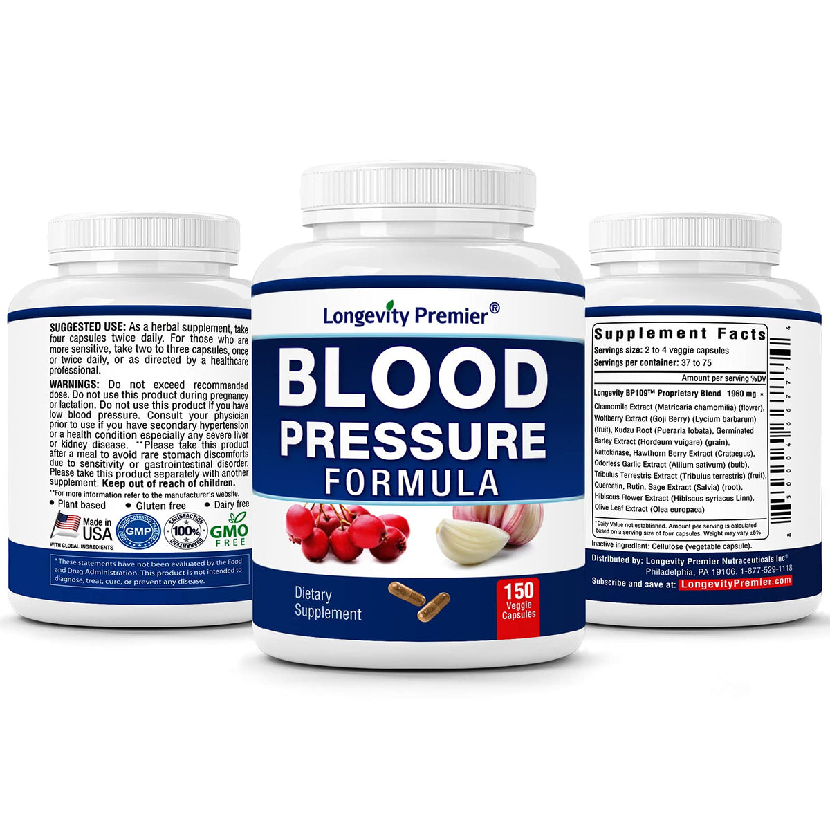 [3-Bottle X 150 Caps] Longevity Blood Pressure Formula -Scientifically formulated with Hawthorn & 12+ Quality Natural Herbs