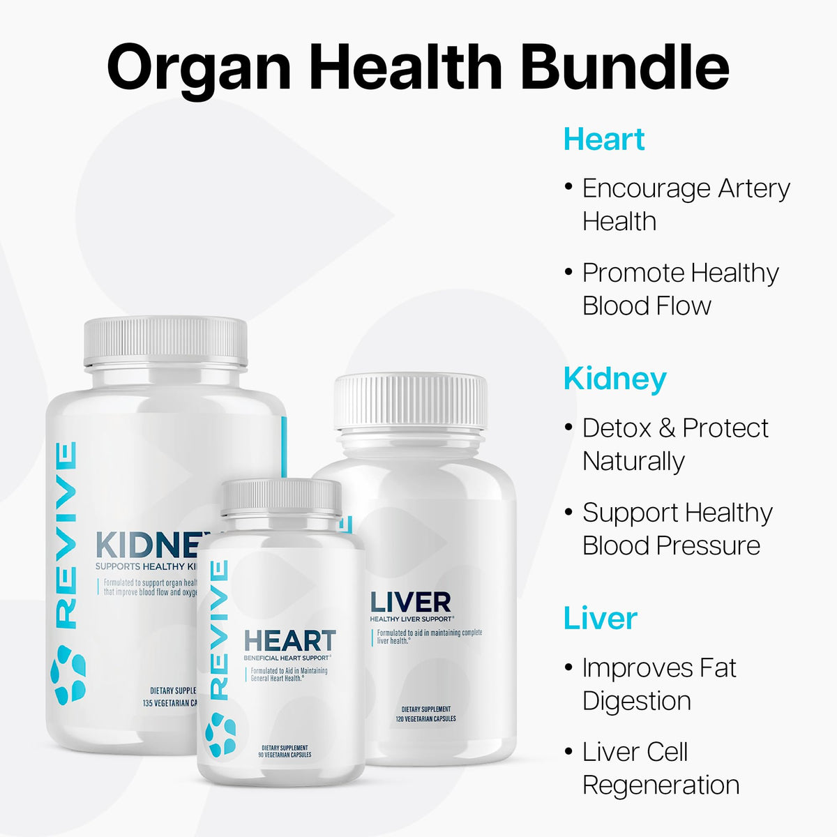 Revive MD Supplement Bundle for Heart, Kidney & Liver Health – Daily Organ Support with Natural Ingredients – Vegan, Gluten-Free & Soy-Free Supplements for Men & Women – 45 Servings + 30 Servings (x2)
