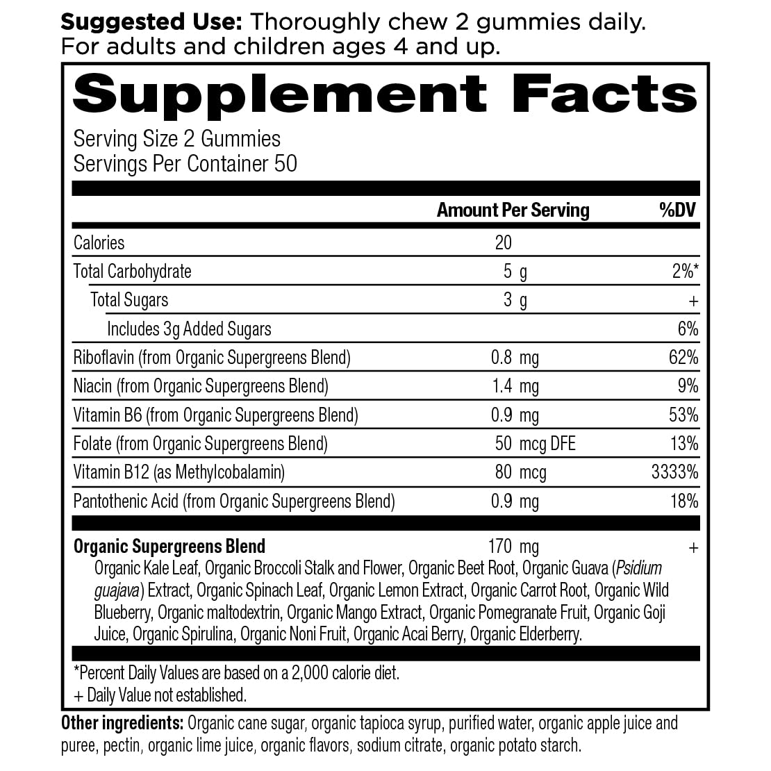 Ancient Nutrition Supergreens Gummy, Organic Superfood Gummy Made from Real Fruits, Vegetables and Herbs, for Digestive and Energy Support, 100 Count, Strawberry Watermelon