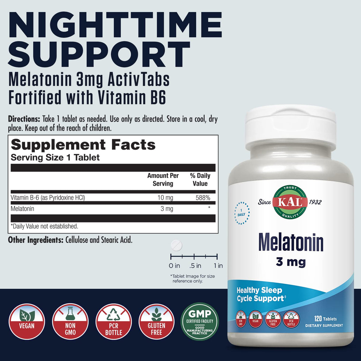 KAL Melatonin 3mg Sleep Aid, Fast Dissolve Tablets, Calming Relaxation and Healthy Sleep Cycle Support, with Added Vitamin B6, Vegan, Gluten Free, Non-GMO, 120 Servings, 120 ActivTabs