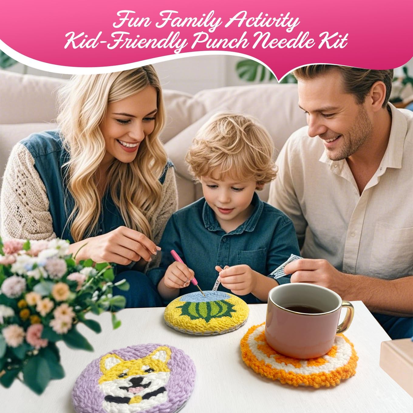 Punch Needle Kit for Adults Beginners, 6-Piece Cute Dog Punch Coaster Starter Kit – Easy Embroidery Stitch Craft Set with Instructions – Fun Needle Point Tufting for Table Decor & Festival Gifts