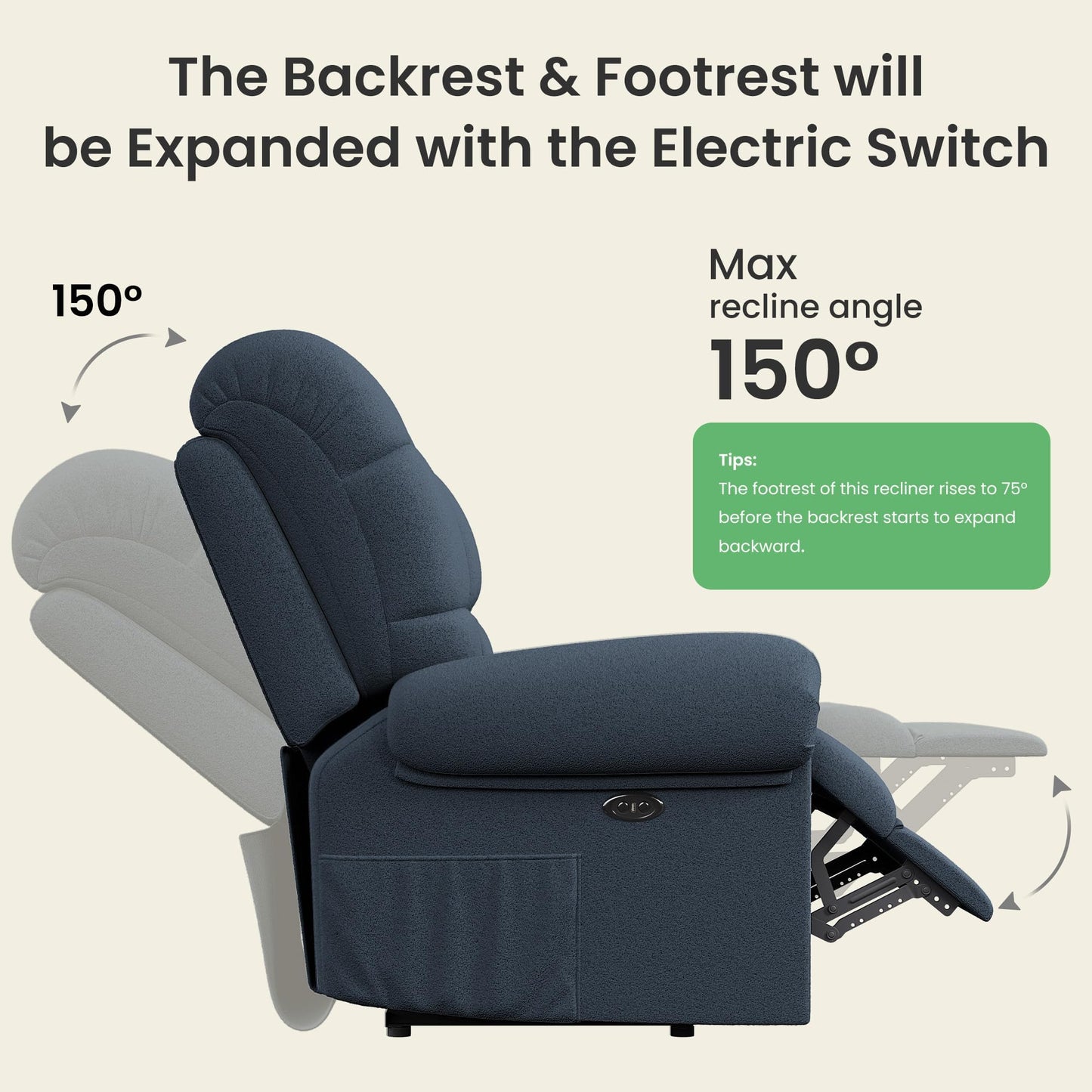 Welzona Updated Power Recliner Chair, Adjustable Electric Recliner Chair for Adults, Ultra-Comfy Teddy Fleece Recliner Chair for Small Space, Tool-Free Assembly, 2 Side Pockets and USB Port, Blue Gray