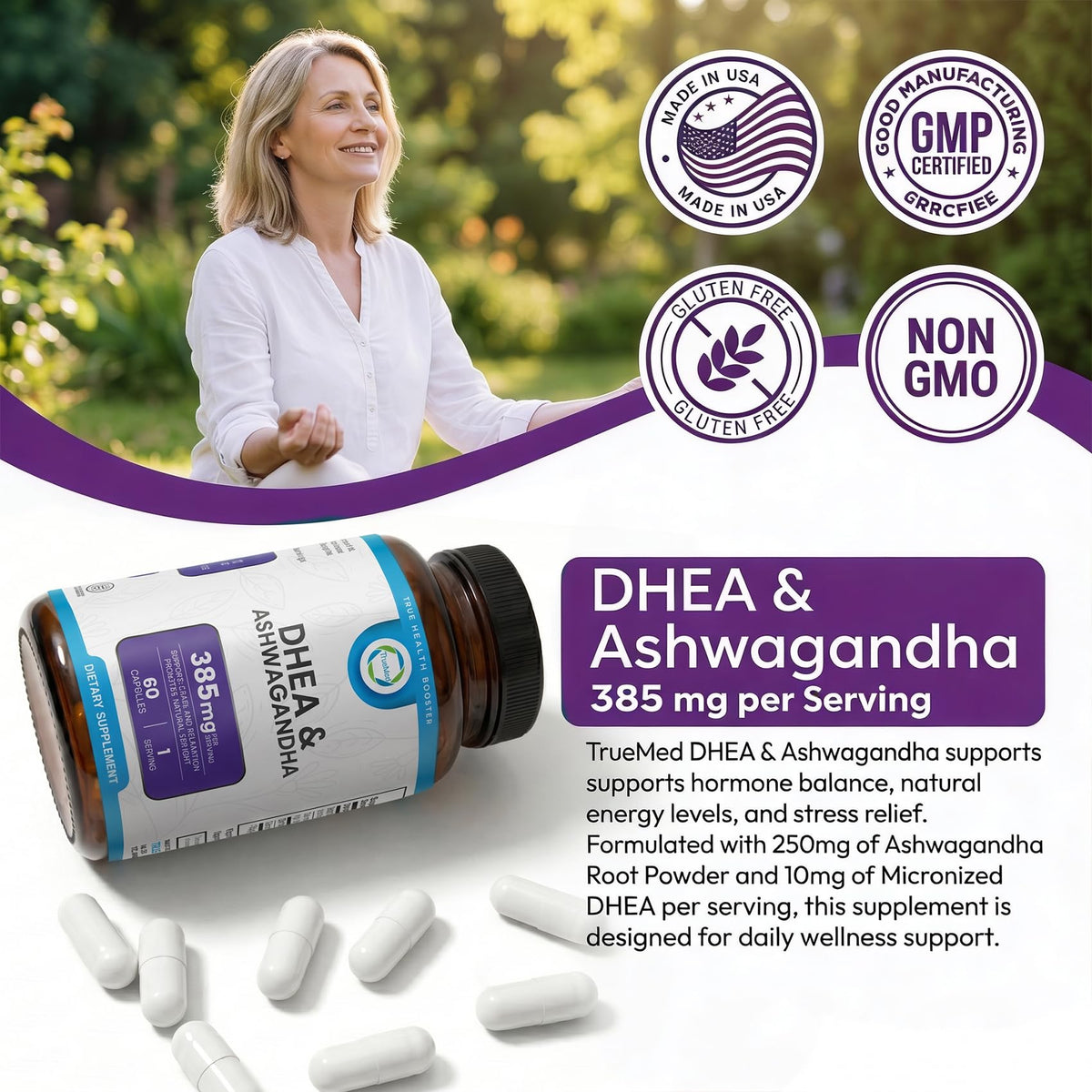 TRUEMED DHEA & Ashwagandha Supplement 385mg – Ashwagandha 250mg, DHEA 10mg, Vitamin C & B6 – Supports Relaxation, Natural Energy & Balanced Mood – Made in USA, 60 Vegan Capsules