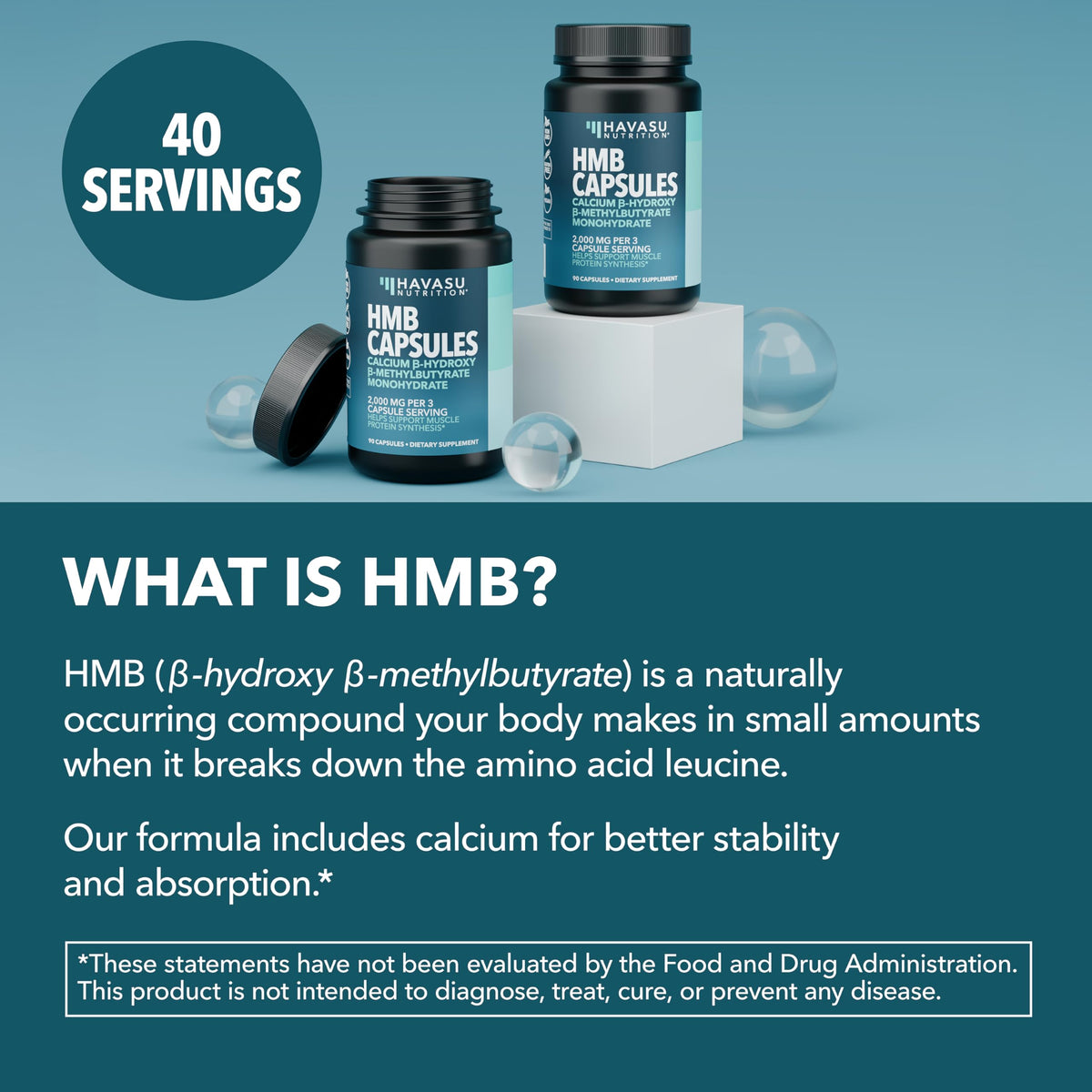 HMB Capsules 2000mg - HMB Supplements for Men and Women - Calcium B-Hydroxy B-Methylbutyrate Monohydrate - 120 Capsules - Supports Muscle Protein Synthesis - Vegan, Non-GMO, Gluten Free - 40 Servings