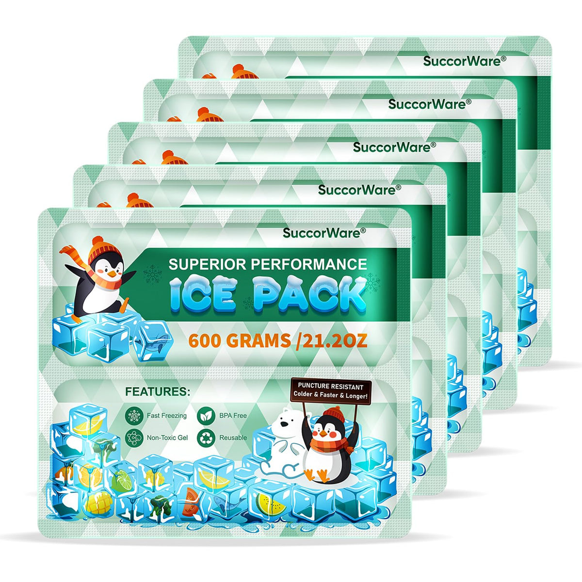 SuccorWare 5 Packs Reusable Ice Packs for Lunch Boxes - 12+ Hour Cooling Ice Gel Pack for Camping, Beach, Office - Ice Packs for Cooler Bag, Cooler Backpacks (600 Grams)