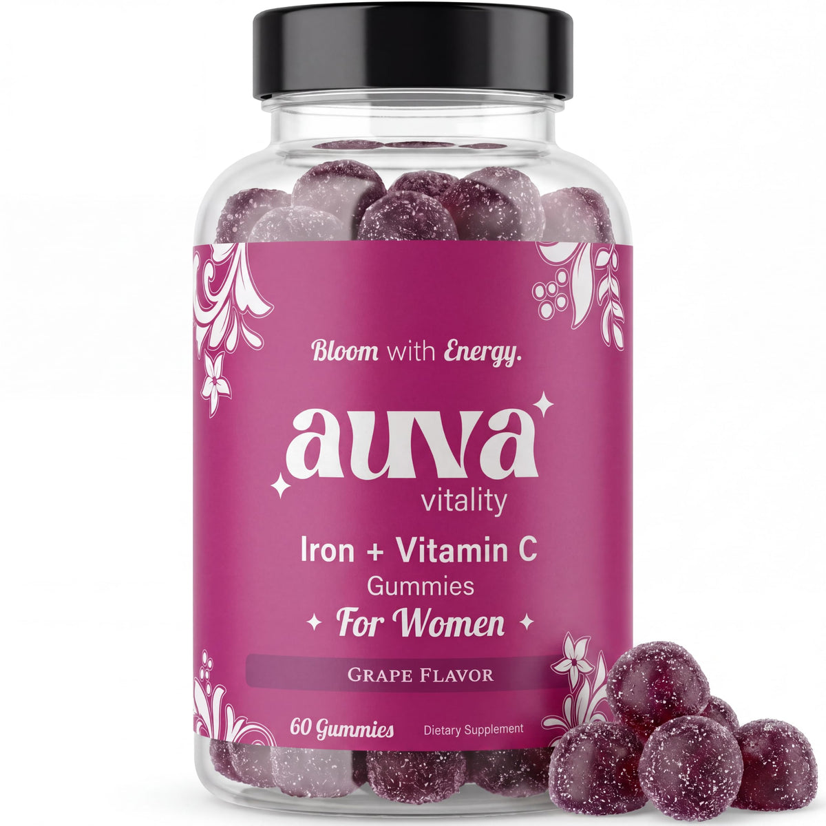 Auva Vitality Iron Gummies for Women — Non-Constipating | Ferrous Fumarate 20mg + Vitamin C | Energy, Anemia & Iron Deficiency Support | Hair Health, Menstrual & Menopause | Grape Flavor, 60 Count