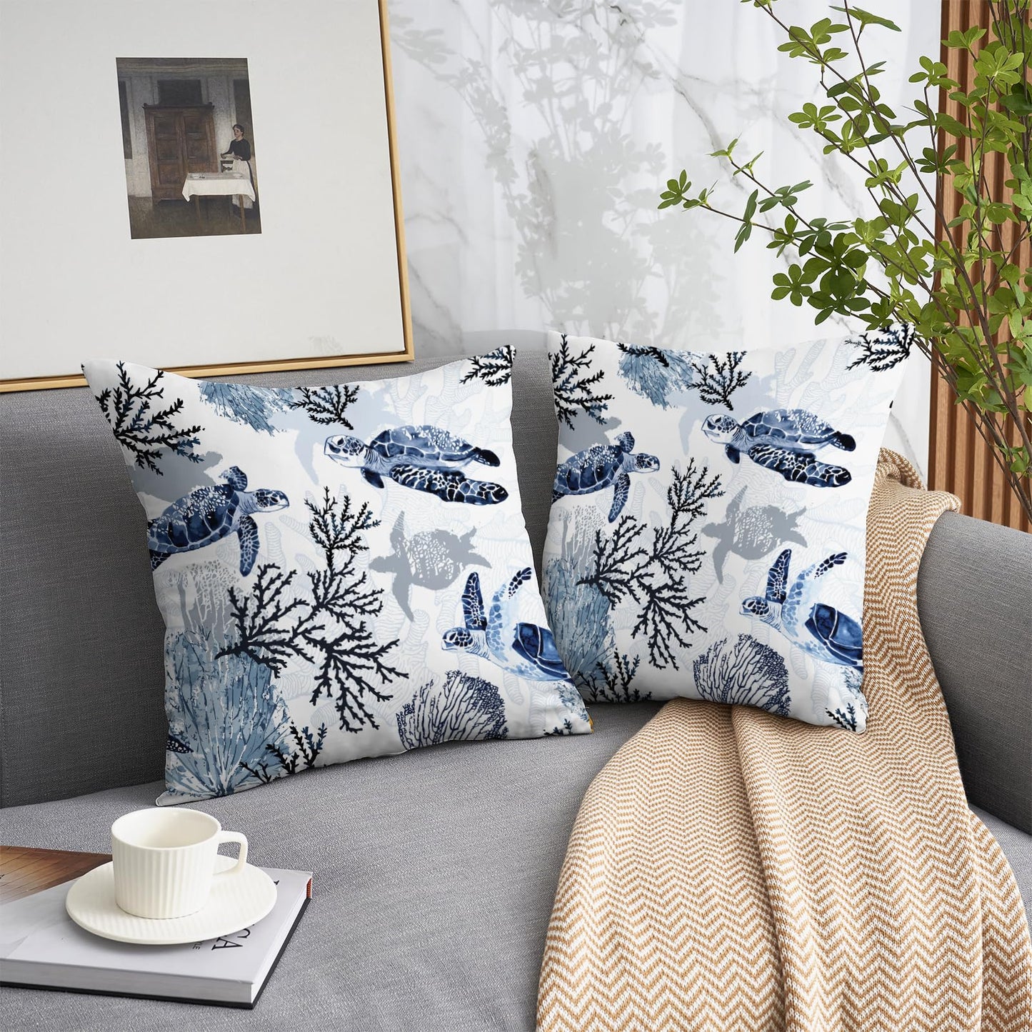 weesire Nautical Coastal Throw Pillow Covers Set of 2 Beach Themed Ocean Coral Sea Turtle Decorative Pillow Cases Outdoor Sofa Cushion Cover for Bedroom Living Room, 18x18, Blue