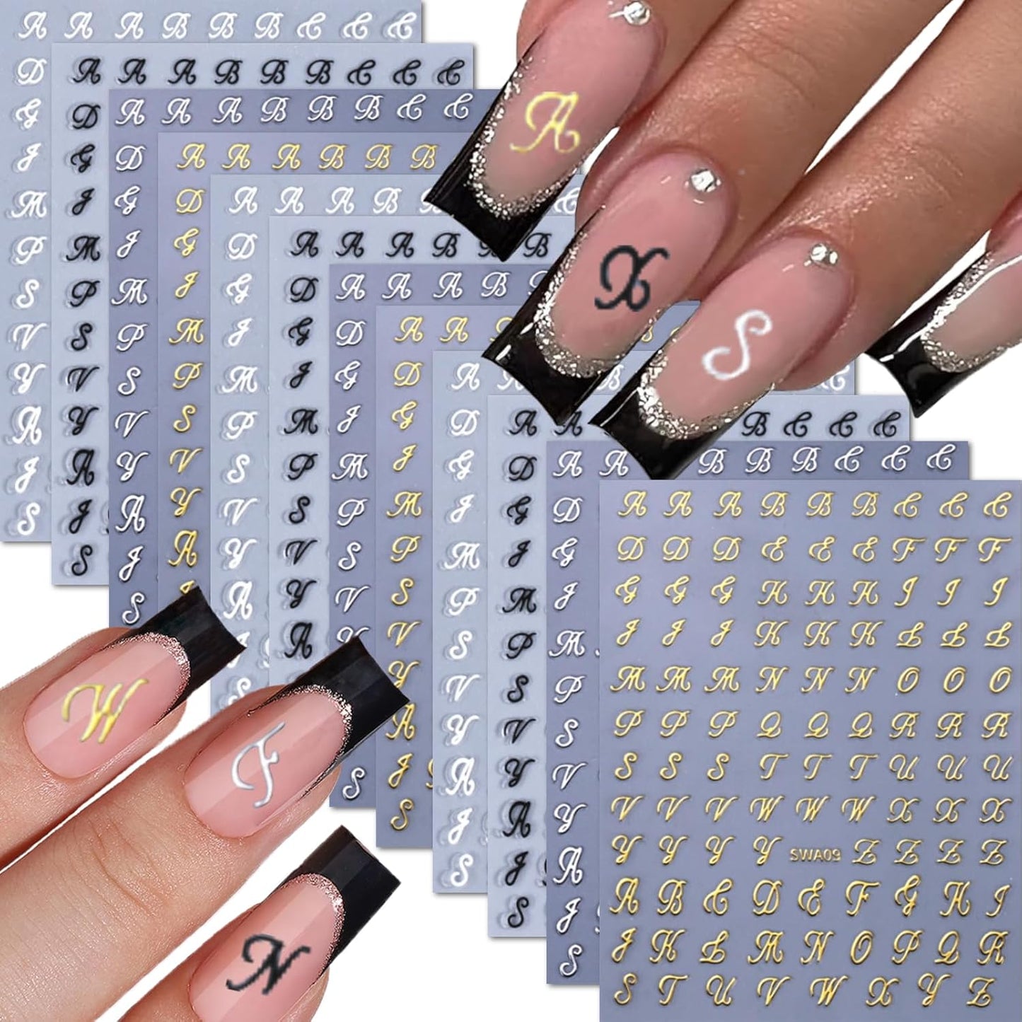 12 Sheets Letter Nail Art Stickers Decals 3D Self Adhesive Letter Nail Stickers for Nail Art Black White Silver Gold Retro English Nail Decals Letters Nail Design Nail Art Supplies