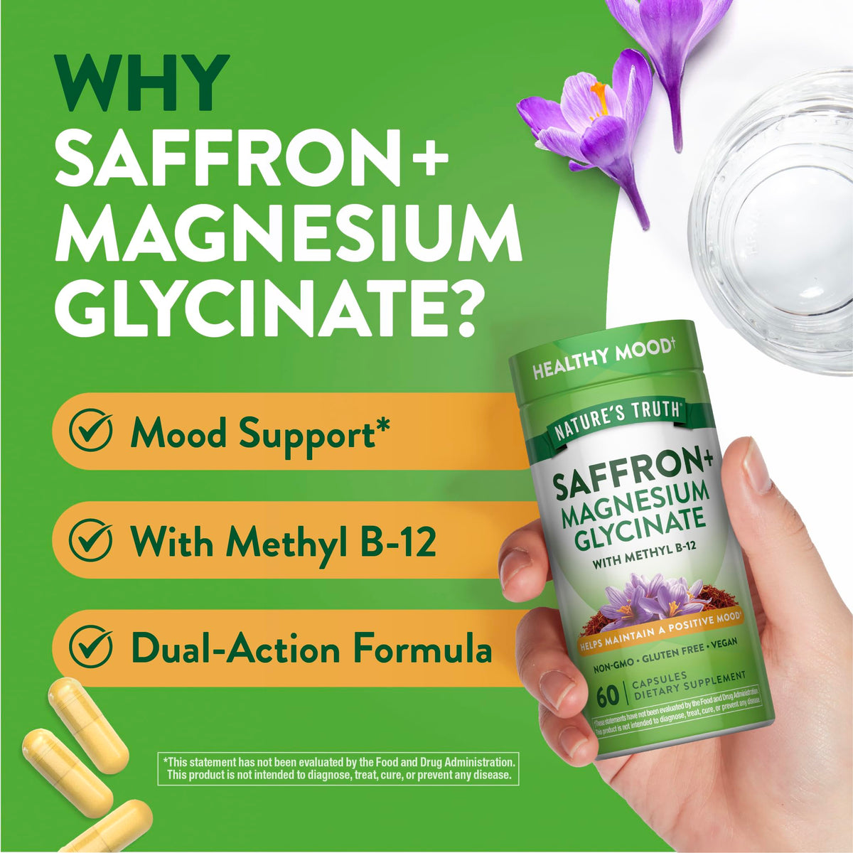 Nature's Truth Saffron Extract Capsules | with Magnesium Glycinate and Vitamin B-12 | 60 Count | Vegan, Non-GMO & Gluten Free Supplement