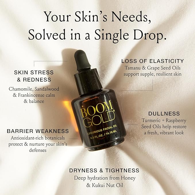 Boom Gold ™ Lightweight & Luxurious Facial Oil with Organic Ingredients for a Softer, Smoother, More Luminous Skin, with Kukui Nut & Frankincense Oil, Boom Beauty by Cindy Joseph (0.5 Oz)