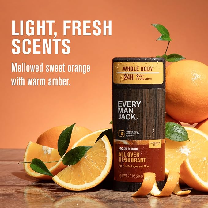 Every Man Jack All Over Deodorant - 24 Hour Whole Body Odor Protection - Aluminum Free - Fresh Citrus Scent 2.6 oz (1 Pack)