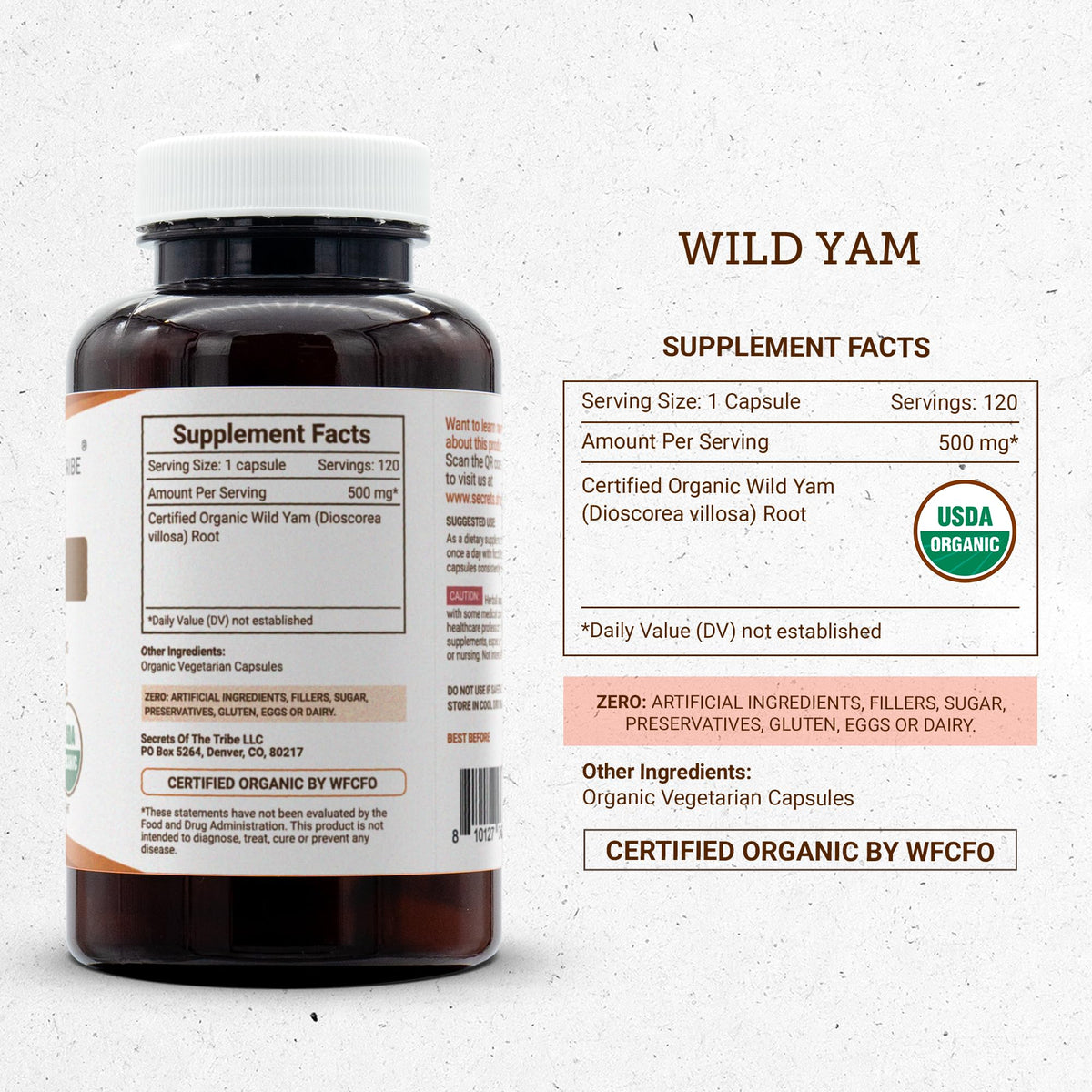 Secrets of the Tribe Wild Yam USDA Organic 120 Capsules | Made with Organic Vegetarian Capsules and Responsibly farmed Wild Yam (Dioscorea Villosa) Dried Root (120 Capsules)