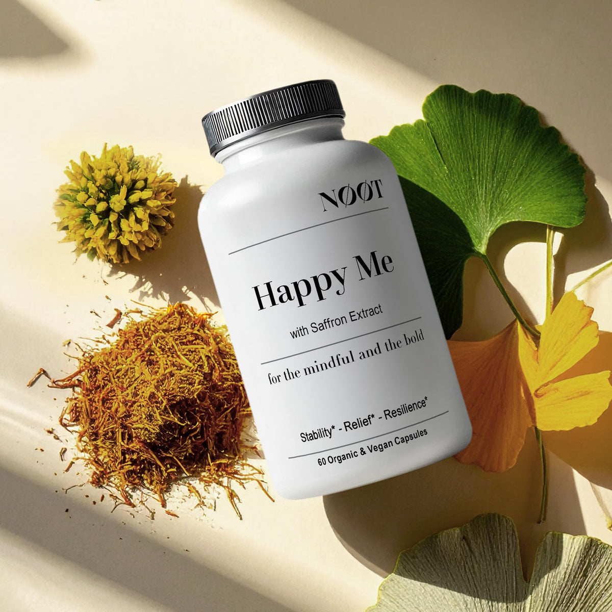 NOOT Happy Me – Natural Mood Support Supplement for Women & Men | Saffron Supplement with Rhodiola & Maca Adaptogens | Supports Calm & Emotional Balance | Vegan, Plant-Based Happy Pills | 60 Capsules