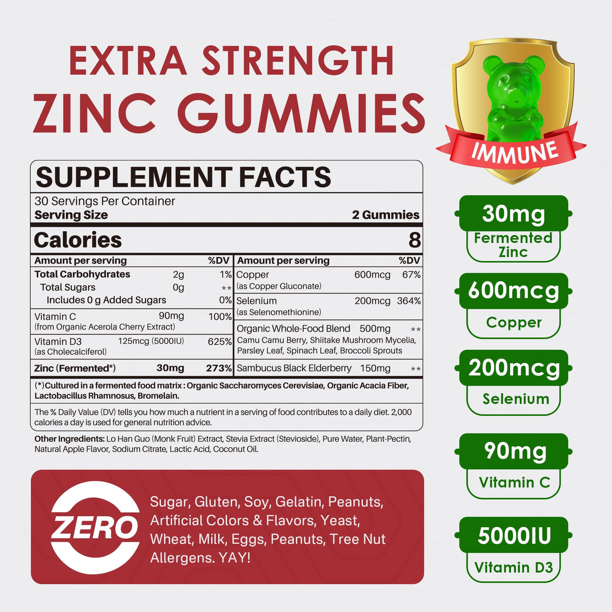 Zinc Gummies + Copper, Selenium, Vitamin C & D3, Fermented Zinc Supplements for Women & Men with Elderberry for Daily Immune Support, Powerful Antioxidant, Superior Absorption, Vegan, No Sugar, 60 Cts