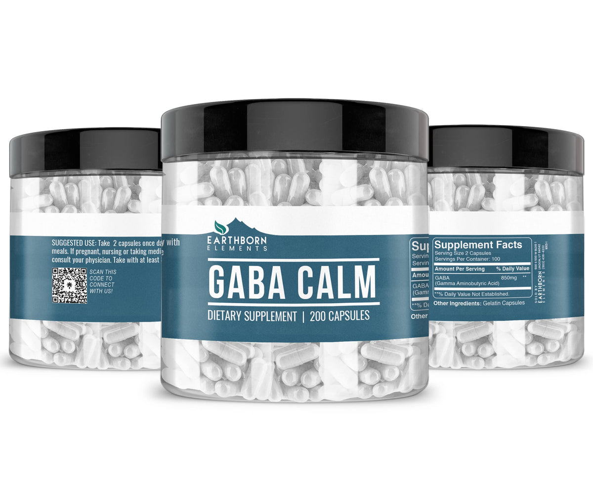 Earthborn Elements GABA (Gamma Aminobutyric Acid) 200 Capsules, Pure & Undiluted, No Additives