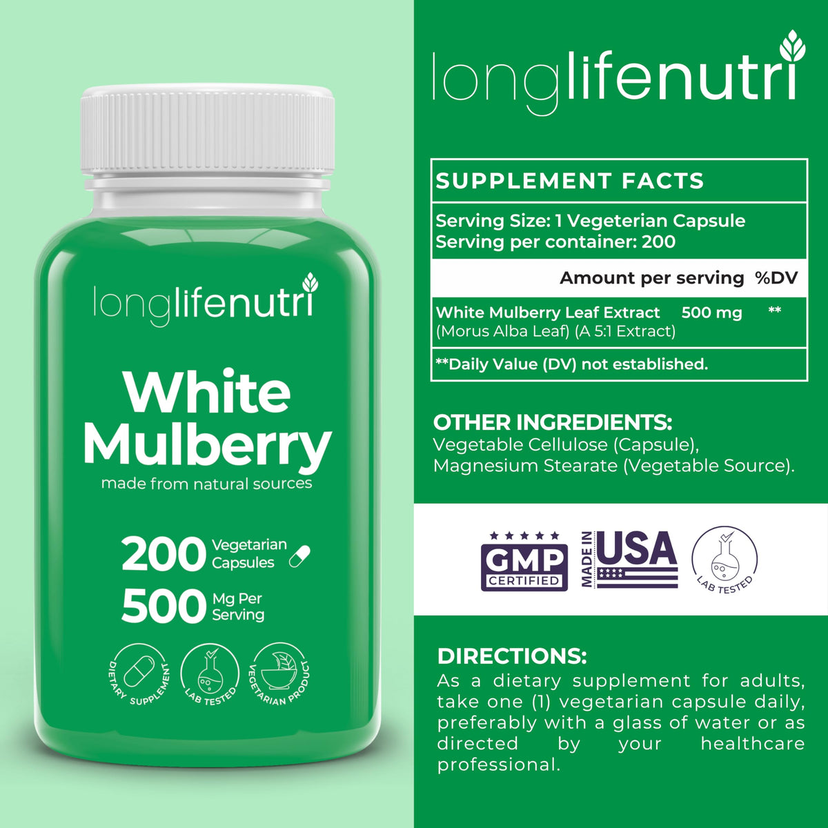 White Mulberry Leaf Extract 500mg - Sourced from Morus Alba Leaf, 200 Vegetarian Capsules, Supplement for Natural Balance and Wellness, 200-Day Supply, GMP Certified, Made in USA