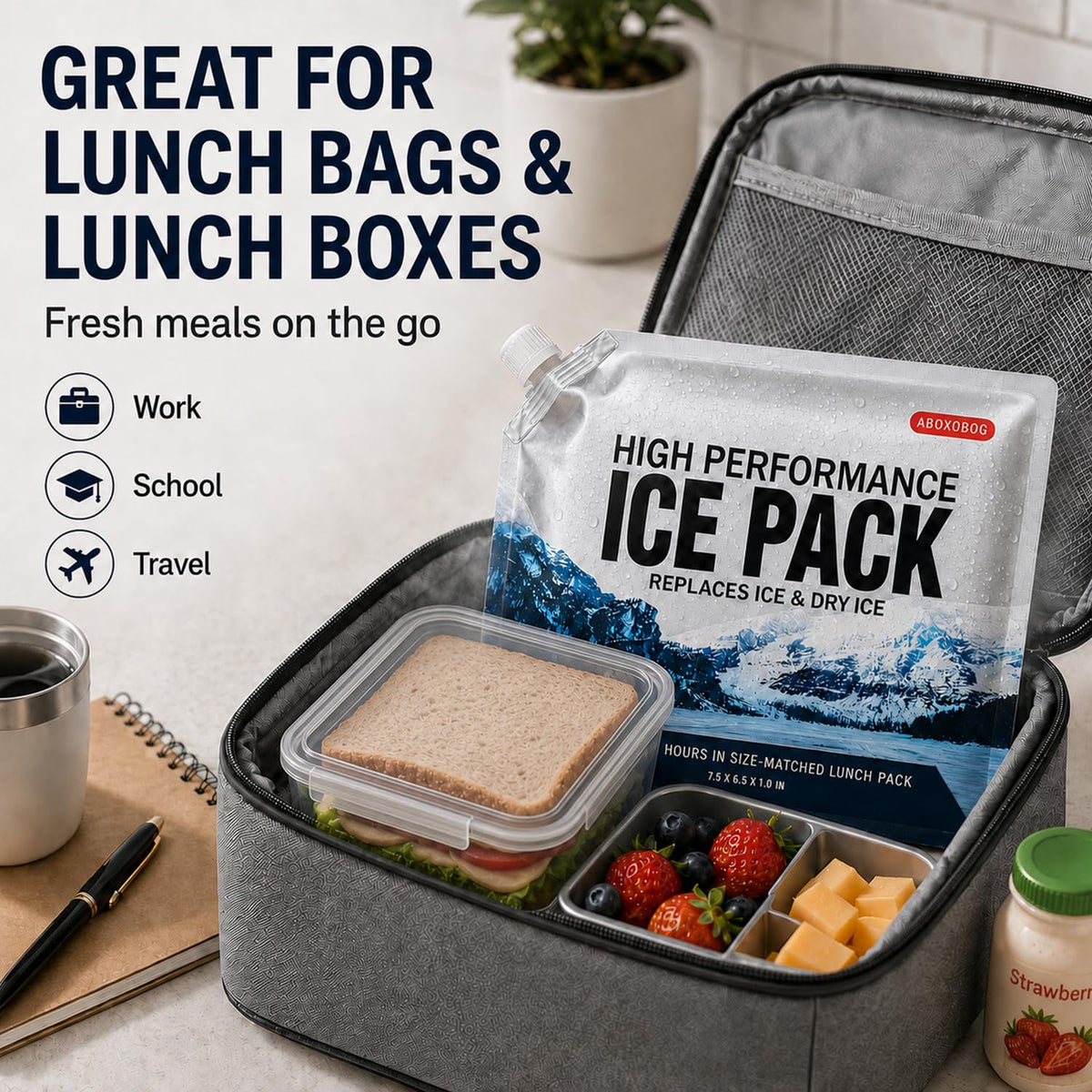 ABOXOBOG Reusable Ice Packs for Lunch Box Long Lasting Slim Gel Freezer Packs for Cooler Bag Cooler Backpack, Keeps Food Cold Fresh for Work & School & Camping & Outdoor Gear(6.5"x7.5"x5P)