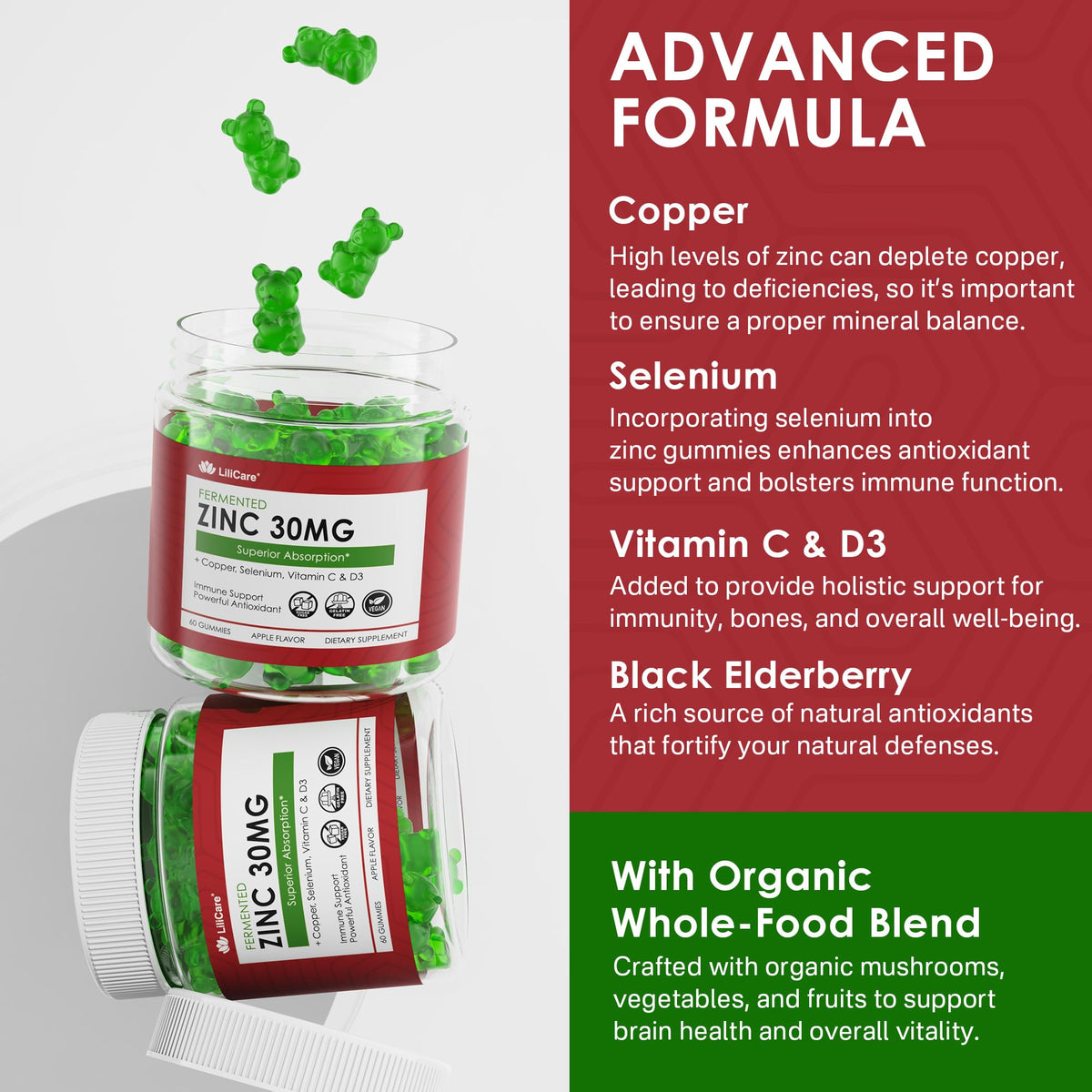 Zinc Gummies + Copper, Selenium, Vitamin C & D3, Fermented Zinc Supplements for Women & Men with Elderberry for Daily Immune Support, Powerful Antioxidant, Superior Absorption, Vegan, No Sugar, 60 Cts