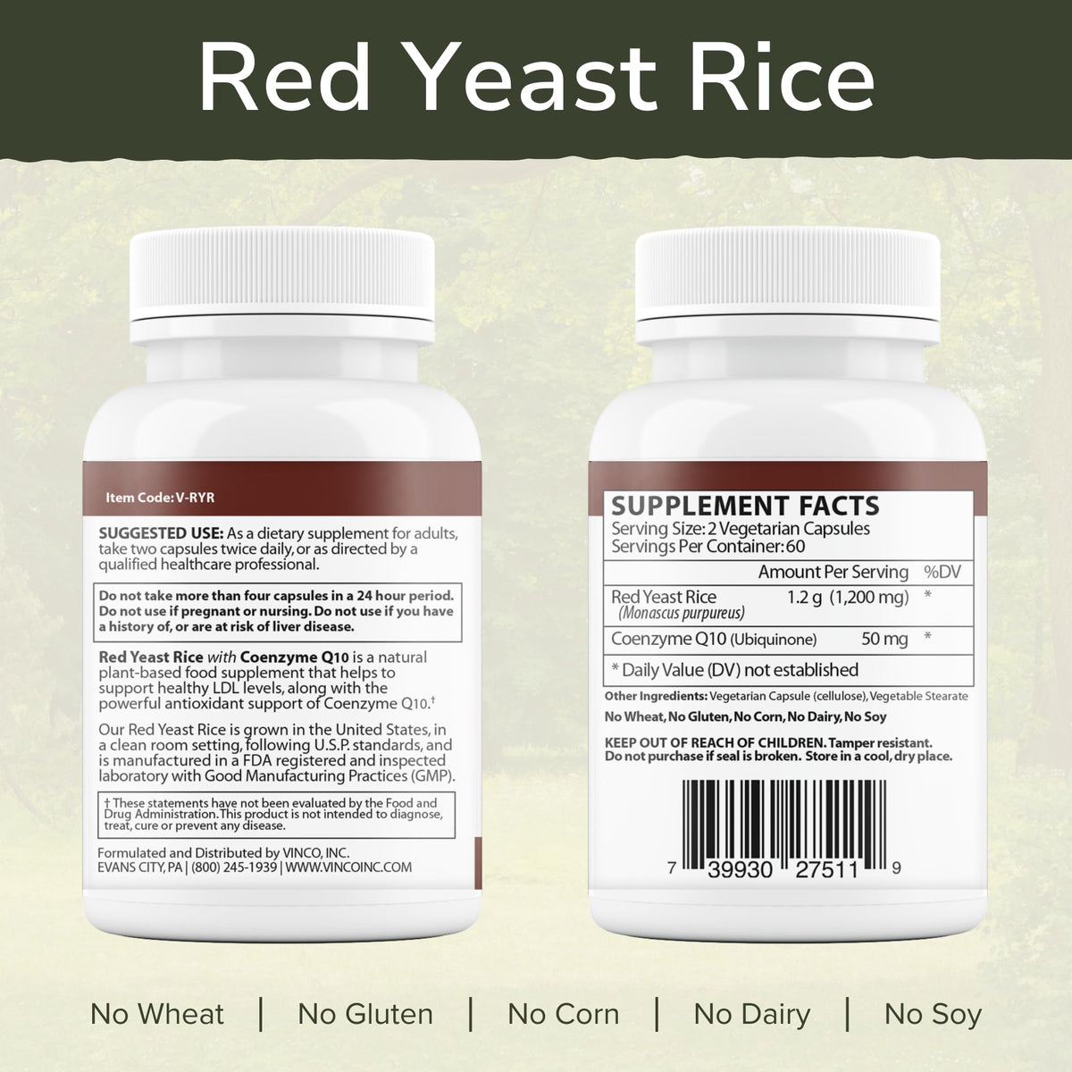 Vinco Inc– Red Yeast Rice with Coenzyme Q10 Dietary Supplement | (120 Capsules) | Supports Healthy Cholesterol, Heart Function & Circulation | Grown in the USA | Gluten Free