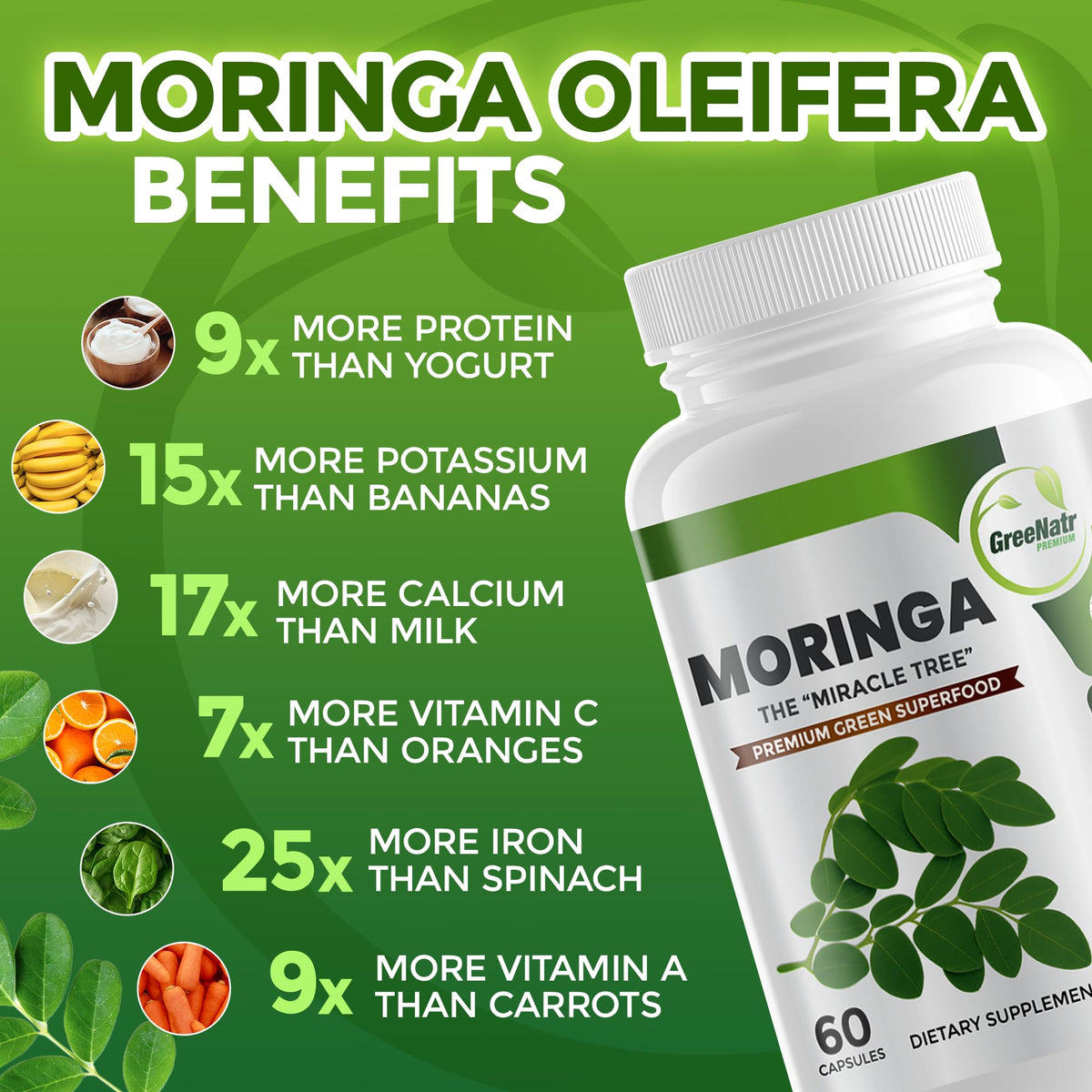 Pure Moringa Oleifera Green Superfood Capsules with Vitamin C, Omega 3 & Amino Acids - Boosts Energy, Mood, Memory, Immune Support - Made from Organic Moringa, Non-GMO - 60 Capsules (1 Bottle)