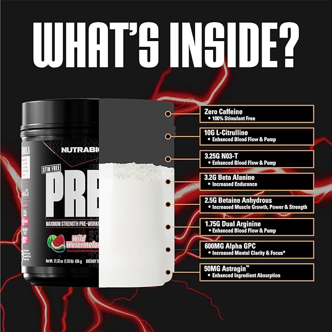 NutraBio STIM-Free PRE Workout for Men, New Formula | Laser Focus, Extreme Pumps | Performance, Endurance | 10g Citrulline, Beta Alanine, Nitrates, Nootropics, Electrolytes - 20 Servings Watermelon