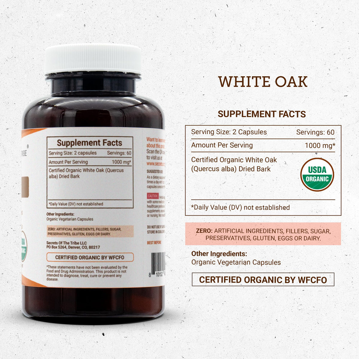 Secrets of the Tribe White Oak USDA Organic 120 Capsules | High-Potency Herbal Capsules | Made with Organic Vegetarian Capsules and Organic White Oak (Quercus alba) Dried Bark (120 Capsules)