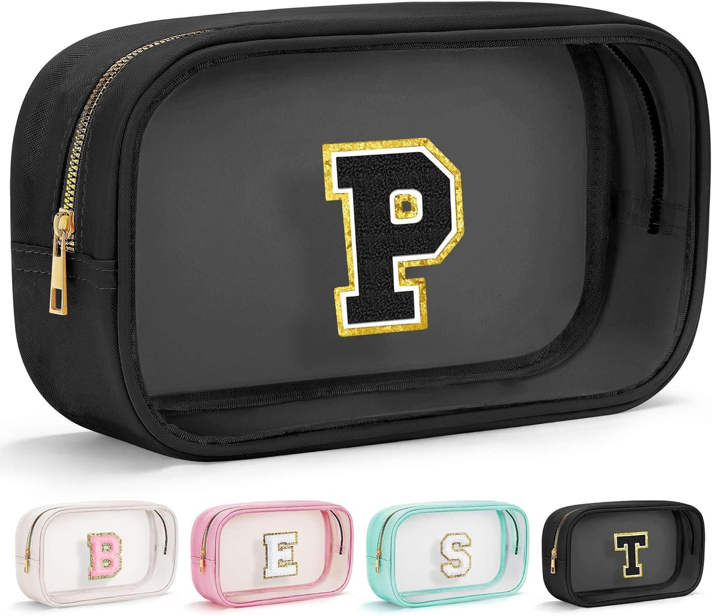 YOOLIFE Travel Toiletry Bag for Women, Black Clear Makeup Bag Cute Make Up Bag for Women Cosmetic Bags Skin Care Makeup Bag Organizer Birthday Gifts for Women Teacher Mother Girlfriend Initial P