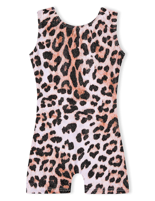 Domusgo Gymnastics Leotards for Girls Size 5-6 Years Old Shiny One Piece Brown Leopard Biketard