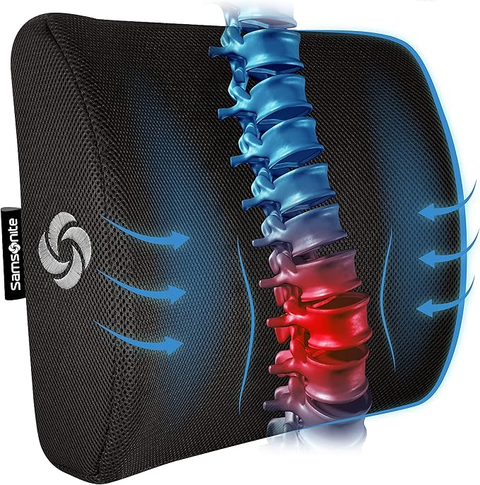SAMSONITE Lumbar Support Pillow For Office Chair and Car Seat, Perfectly Balanced Memory Foam , Versatile Use Lower Back Cushion