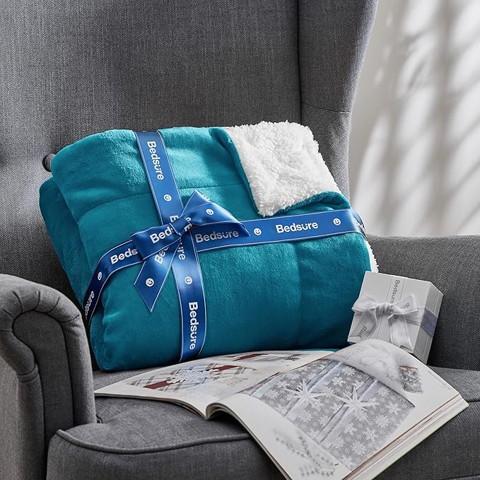 Bedsure Sherpa Fleece Blankets Queen Size for Bed - Thick and Warm, Soft Fuzzy Plush Queen Blanket for Winter, Teal, 90x90 Inches