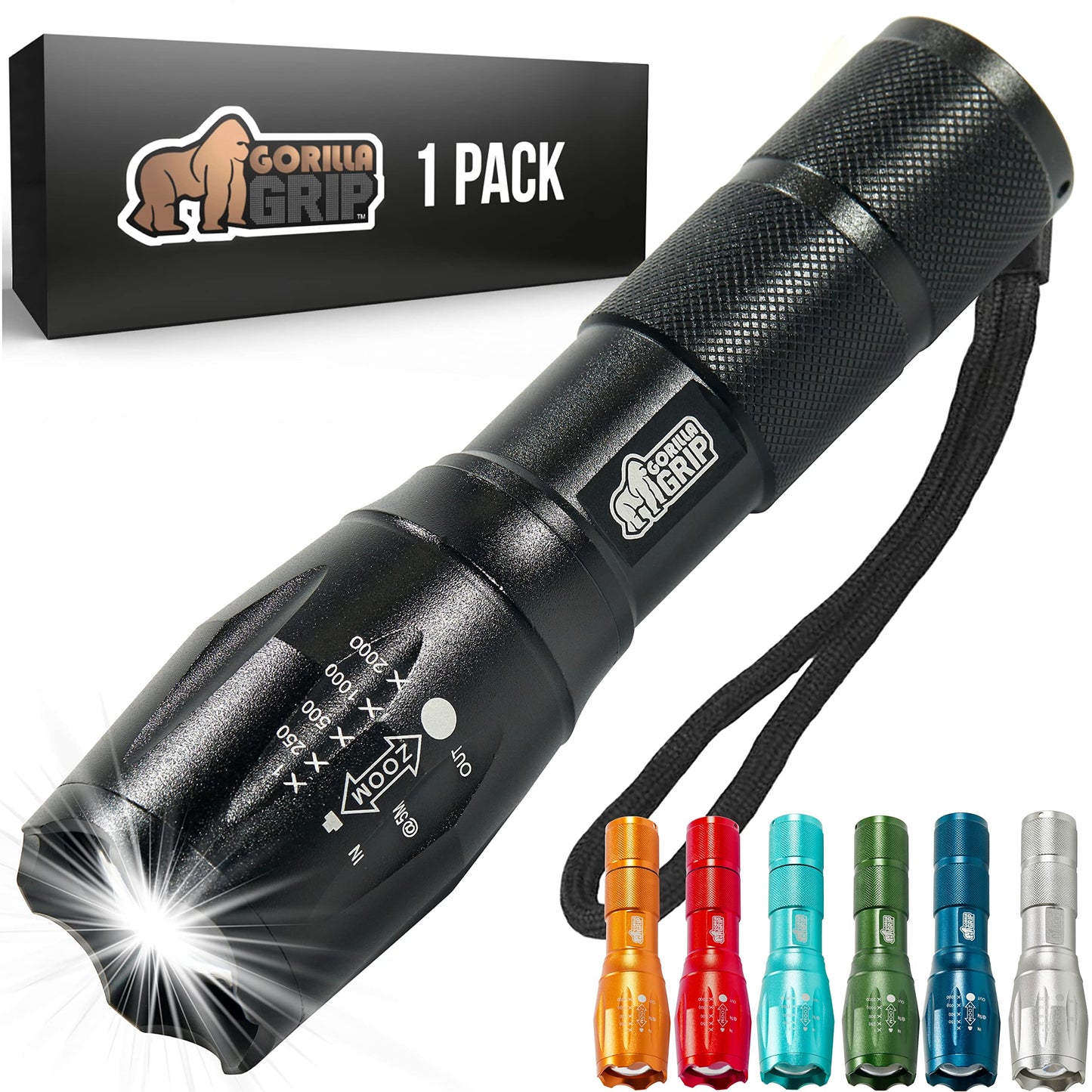 Gorilla Grip Powerful LED 750 FT Water Resistant 5 Adjustable Mode Tactical Flashlight, High Lumens Ultra Bright Battery Life Zoom Flashlights, Small Camping Car Mini Flash Light Accessories, Black