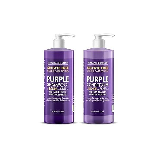 Natural Riches Purple Shampoo and Conditioner Set Sulfate Free Salon Grade for Silver Blonde Platinum Hair. Removes Yellow & Brass tones. Grey Highlighted Hair 16x2 fl oz