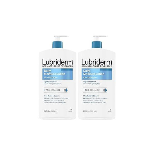 Lubriderm Daily Moisture Lotion + Pro-Ceramide with Shea Butter & Glycerin Helps Moisturize Dry Skin, Hydrating Face, Hand Body Lotion, Light Scent, Non-Greasy, Twin Pack, 24 fl. oz, 2 Pack