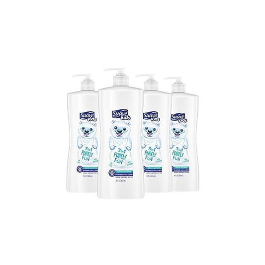 Suave Kids 3-in-1 Shampoo Conditioner Body Wash Purely Fun Makes Bath Time Quick and Easy, Paraben Free Dermatologist Tested 3 in 1 Formula 28 Fl Oz (Pack of 4)