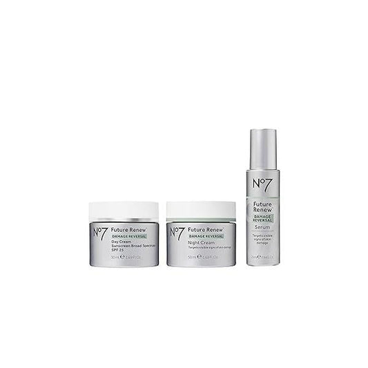 No7 Future Renew Damage Reversal Skincare Set - Anti Aging Face Serum (.33 Fl Oz), Day Cream with SPF 25 (1.69 Oz) & Night Reverses Visible Signs of Sun 3-Piece
