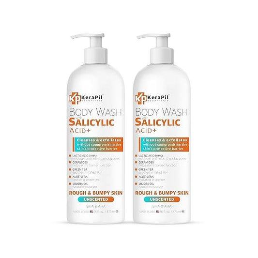 Salicylic Acid Body Wash - Skin Non-drying, Gentle Exfoliates Rough and Bumpy Skin, Acne Wash, BHA & AHA Unscented Exfoliating Made in USA (16 fl oz x 2)